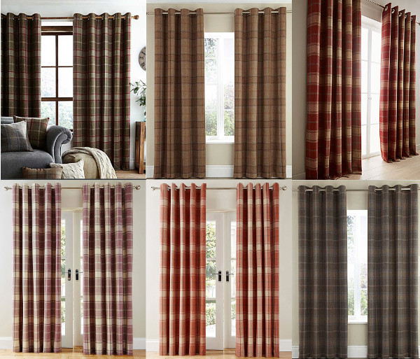 LUXURY CHECK Highland Ring Top Eyelet Lined Curtains Brushed Faux WOOL Effect eBay